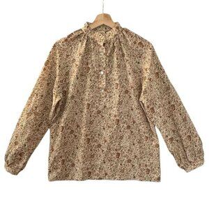 70s Vintage Winter Jack Tan Green Ditsy Floral Ballon Sleeve Pop Over Blouse